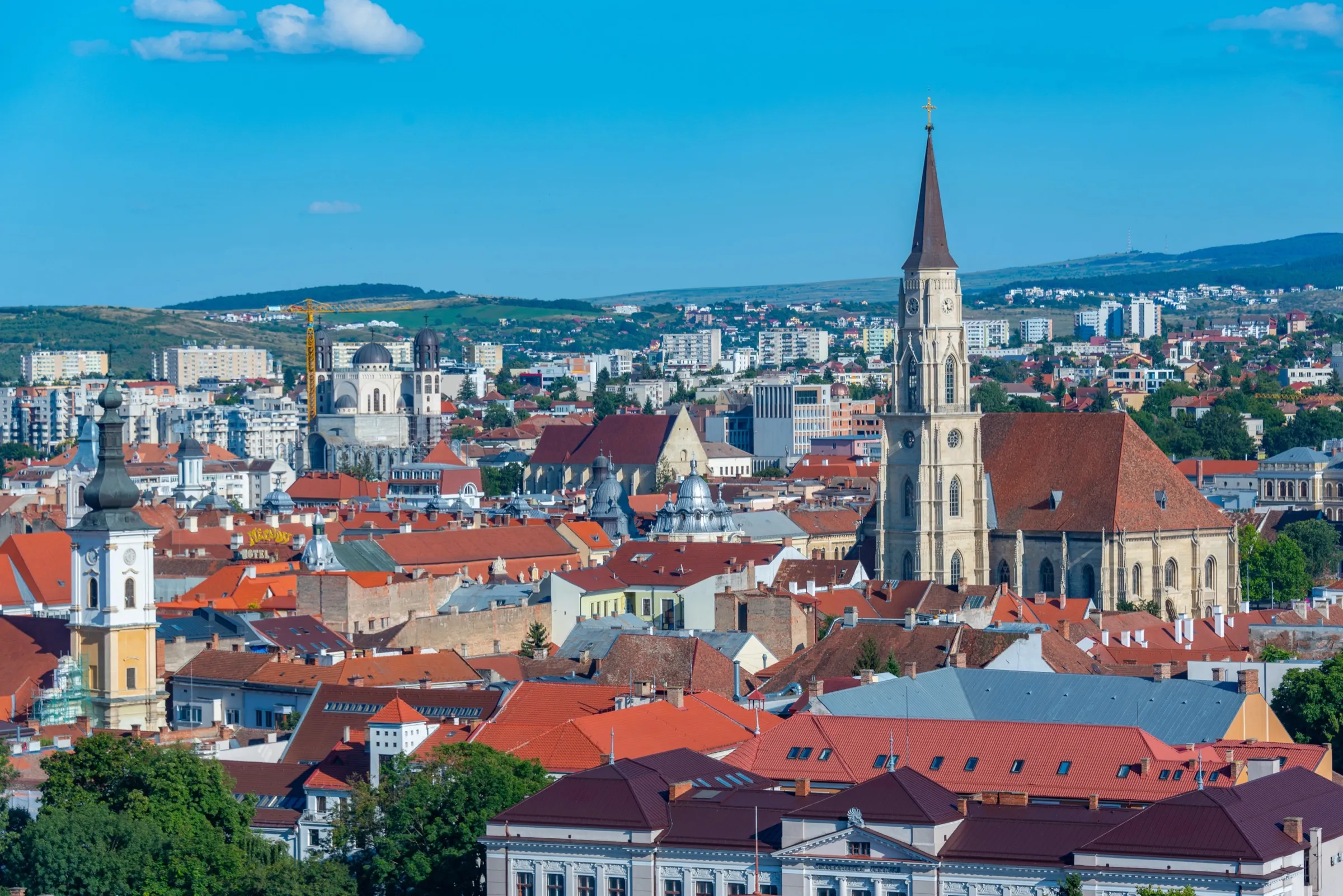 Cluj-Napoca from above, the spire of St Michael’s Church over the old town
