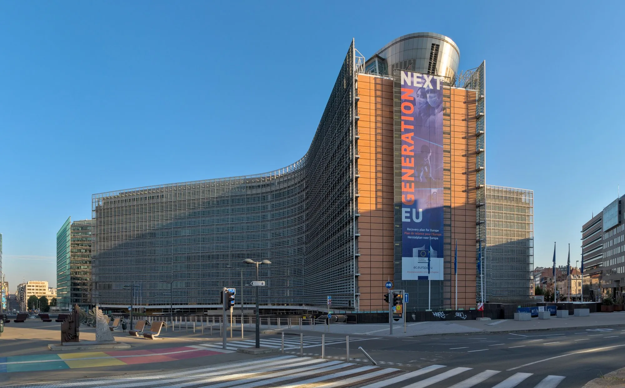 The Berlaymont building, headquarters of the European Commission, on the Schuman roundabout in Brussels under a clear sky
